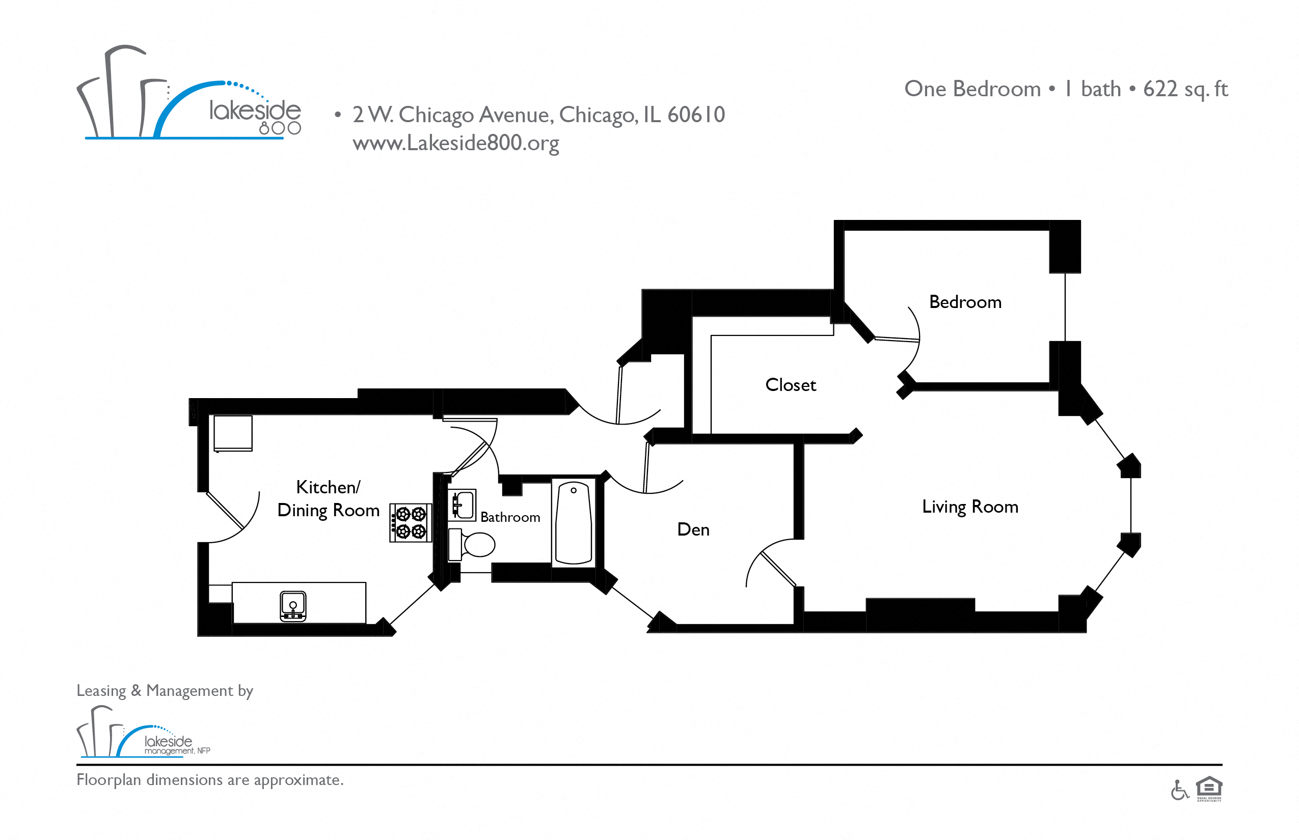 Floor plan for 1 bed, 1 bath, 622 sqft